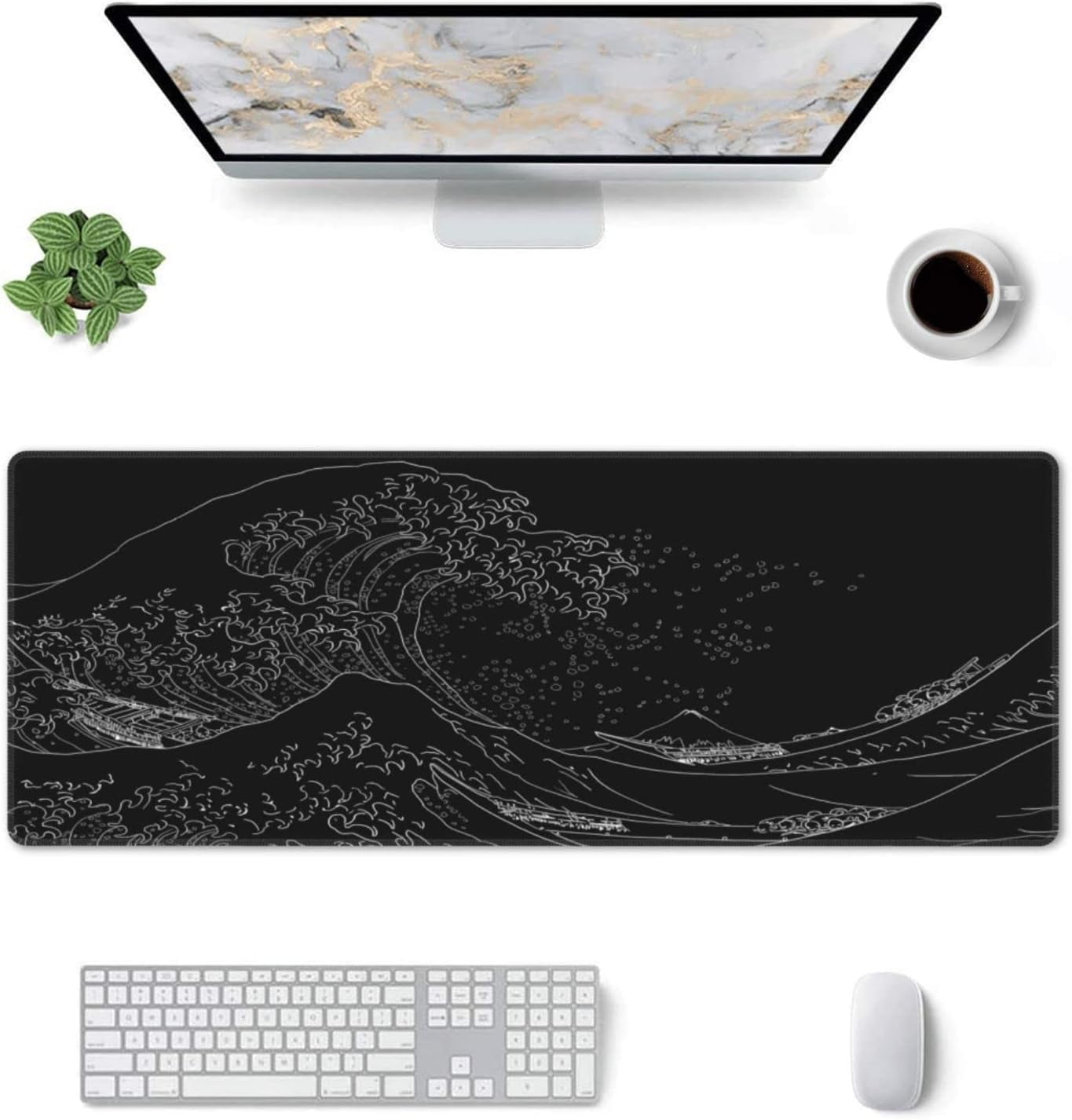 QCQHDU Japanese Sea Wave Large Mouse Pad, Anime Black Gaming, 3mm Thick Non-Slip Rubber Base Mice Pad for Gamer,Office & Home, 31.5 X 11.8 Inch