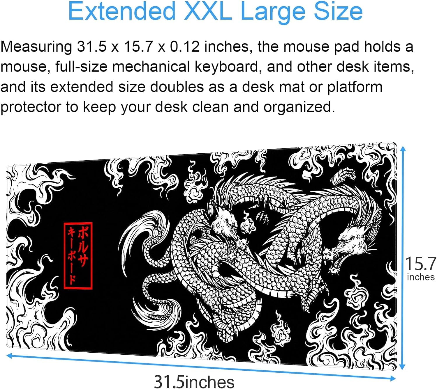 Extended XXL Large Gaming Mouse Pad with Stitched Edges Non-Slip Rubber Base Mousepad Cool Black and White Dragon Design Computer Pad Keyboard Mouse Pad 31.5 x 15.7 in