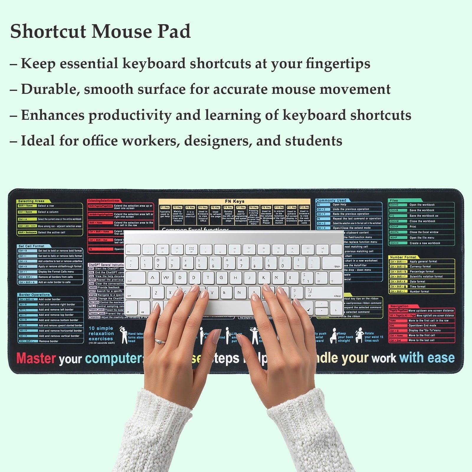 Simpkeely Excel Computer Shortcuts Mouse Pad - Waterproof Non-Slip Large Gaming Mouse Mat, Vibrant Design Cheat Sheet with Function Keys, and Navigation Tips for Productivity, Office - 31.5" x 11.8"