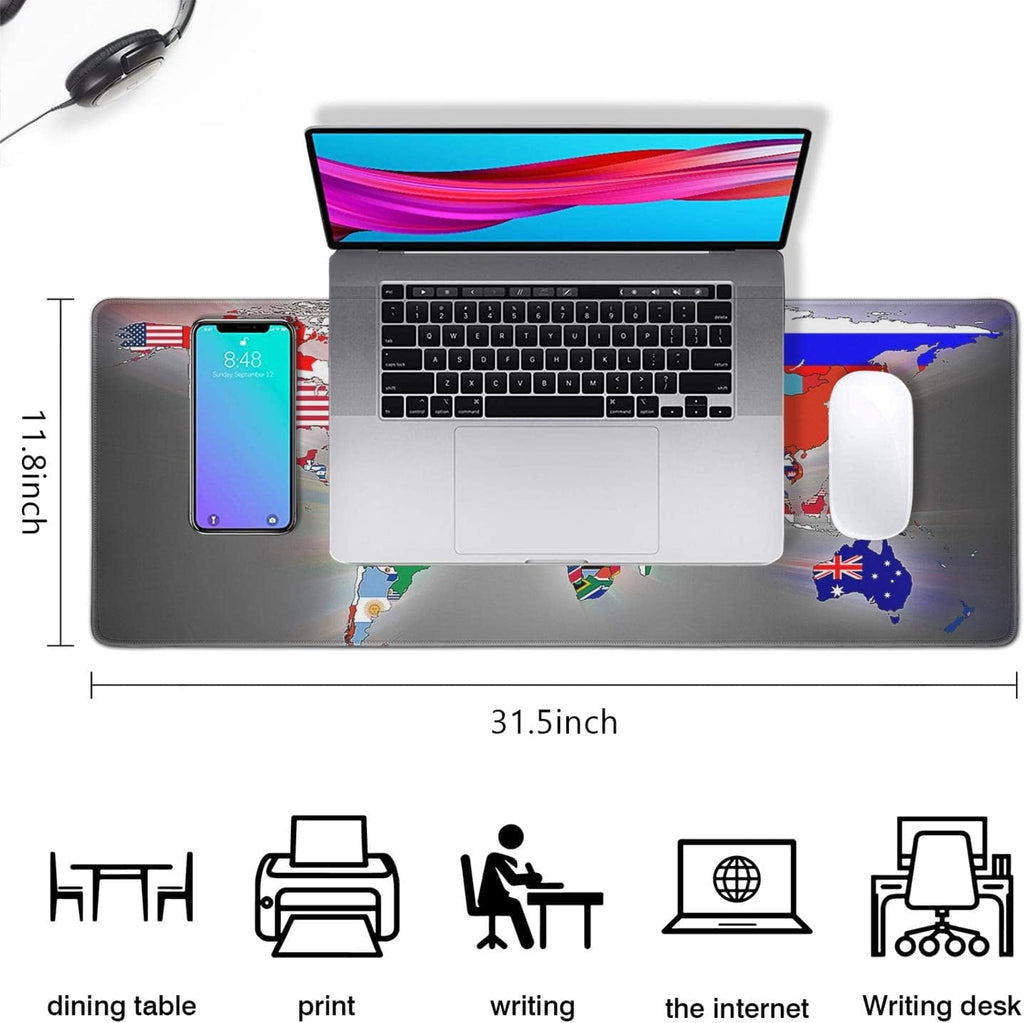 World Flag Map Mouse Pad (31.5x11.8 in) Extended Gaming Mousepad Non-Slip Rubber Base Desk mat for Desktop with Stitched Edges Computer mat for Desk XL