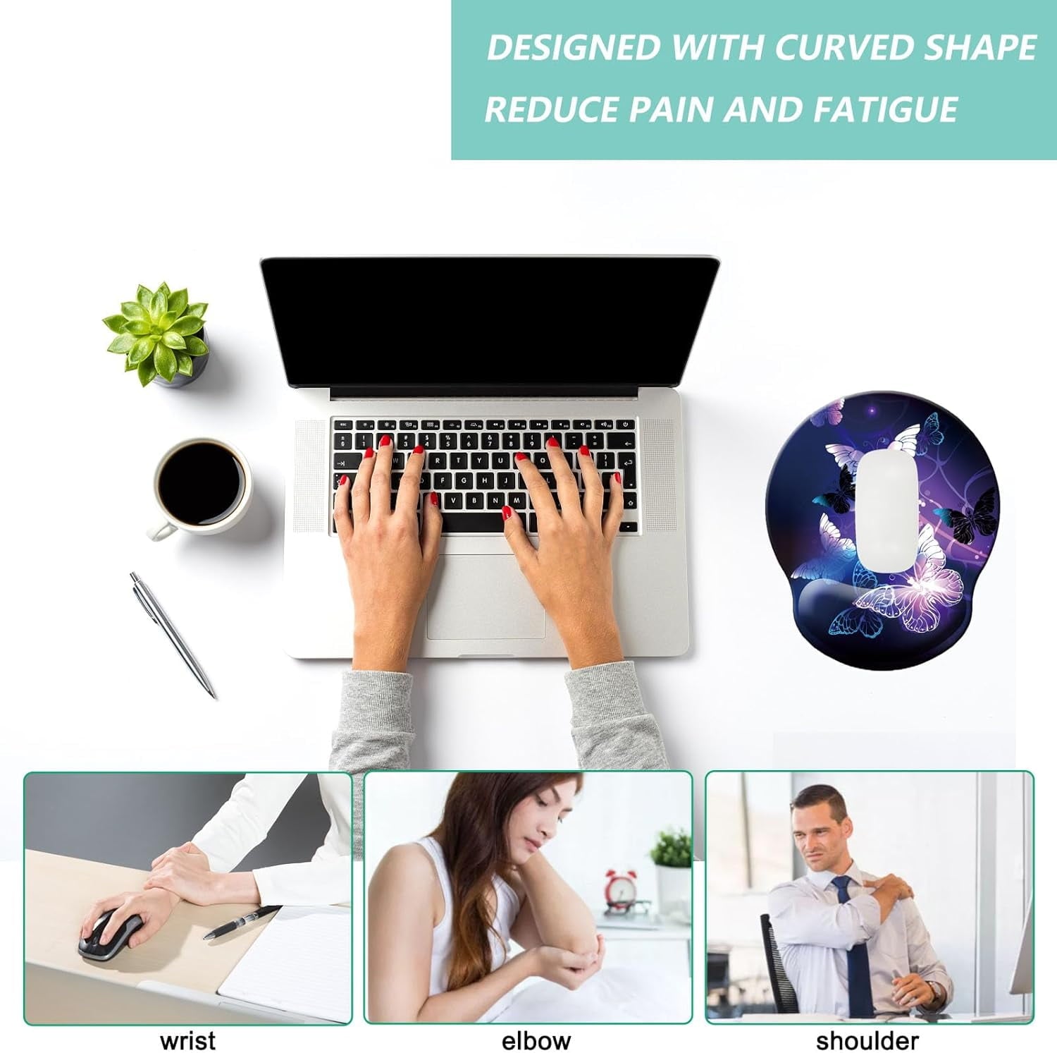 Mouse Pad with Wrist Support, Ergonomic Mouse Pad with Memory Foam Wrist Rest Cushion, Non- Rubber Base Gaming Mice Pad for Home Office Computer Laptop, Butterfly