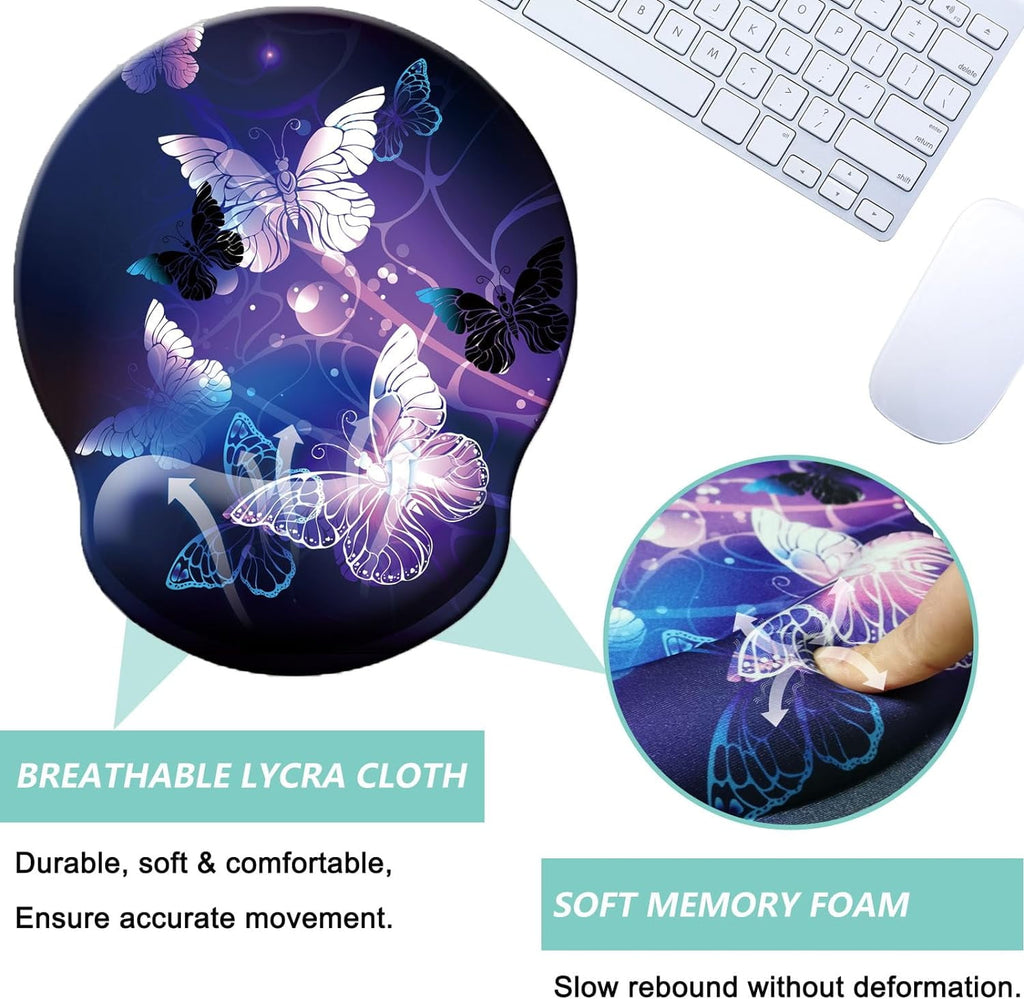Mouse Pad with Wrist Support, Ergonomic Mouse Pad with Memory Foam Wrist Rest Cushion, Non- Rubber Base Gaming Mice Pad for Home Office Computer Laptop, Butterfly