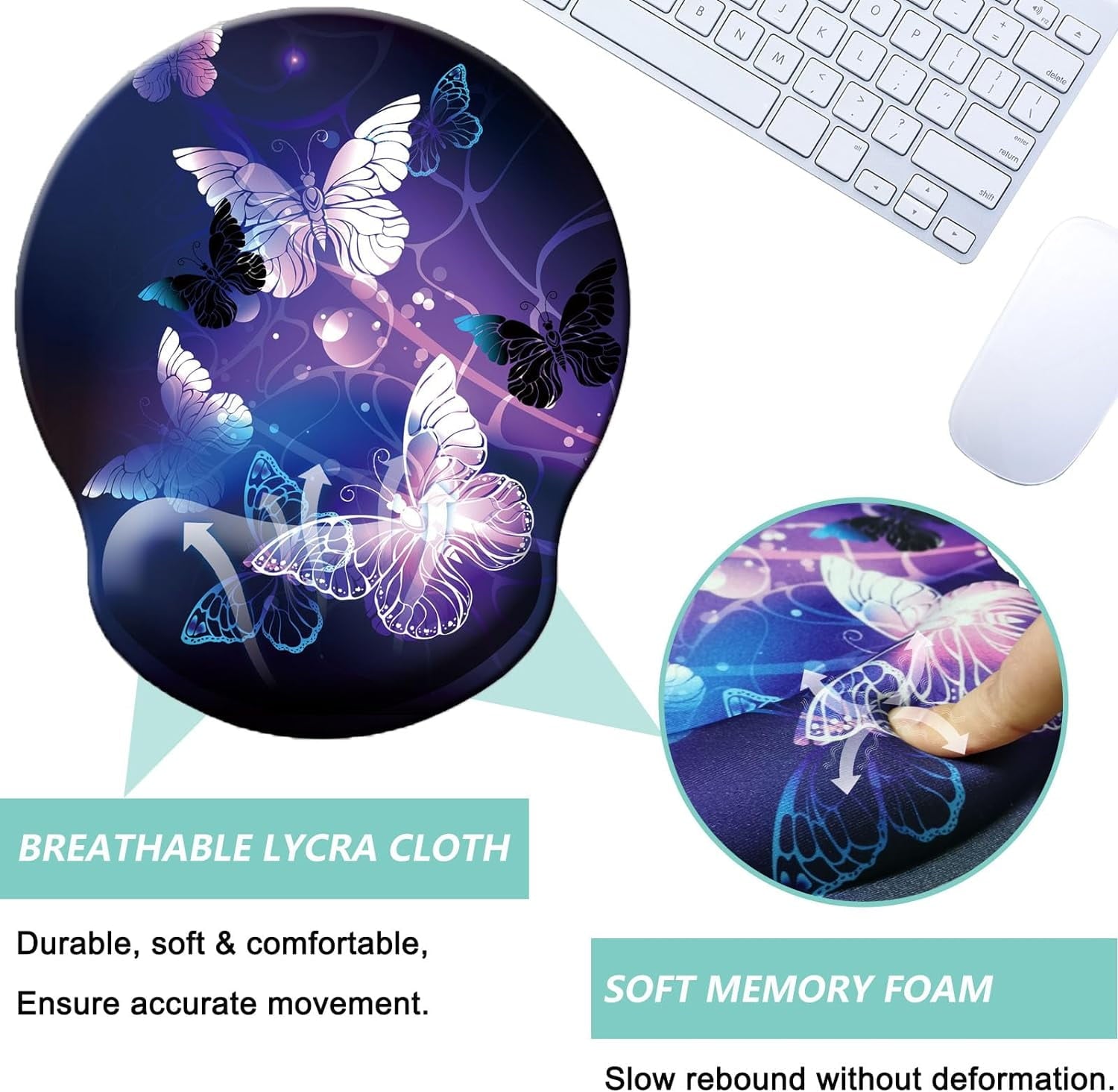 Mouse Pad with Wrist Support, Ergonomic Mouse Pad with Memory Foam Wrist Rest Cushion, Non- Rubber Base Gaming Mice Pad for Home Office Computer Laptop, Butterfly