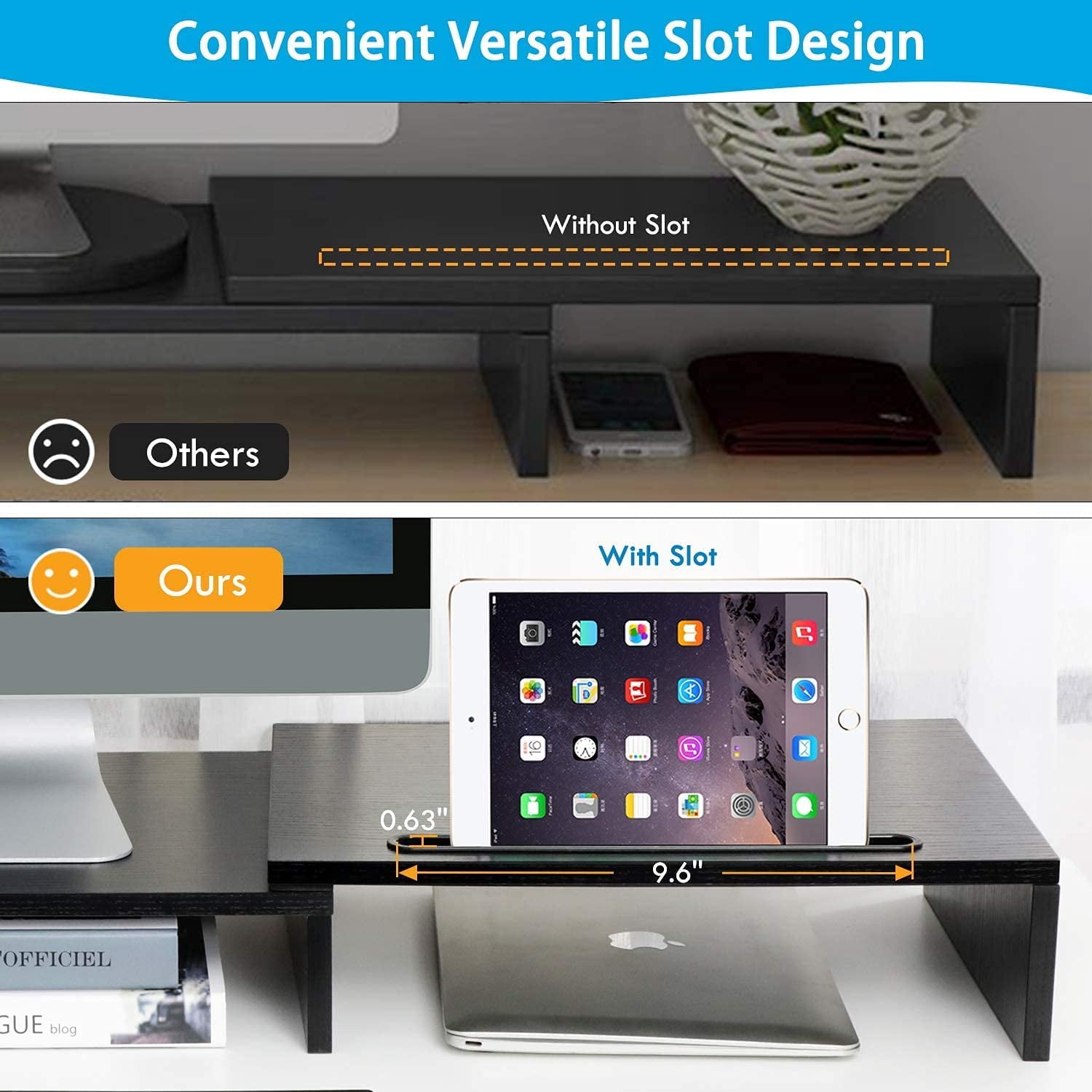 Dual Monitor Stand Riser with Adjustable Length & Angle, Multifunctional Double Monitor Riser with 2 Slot for PC, Computer
