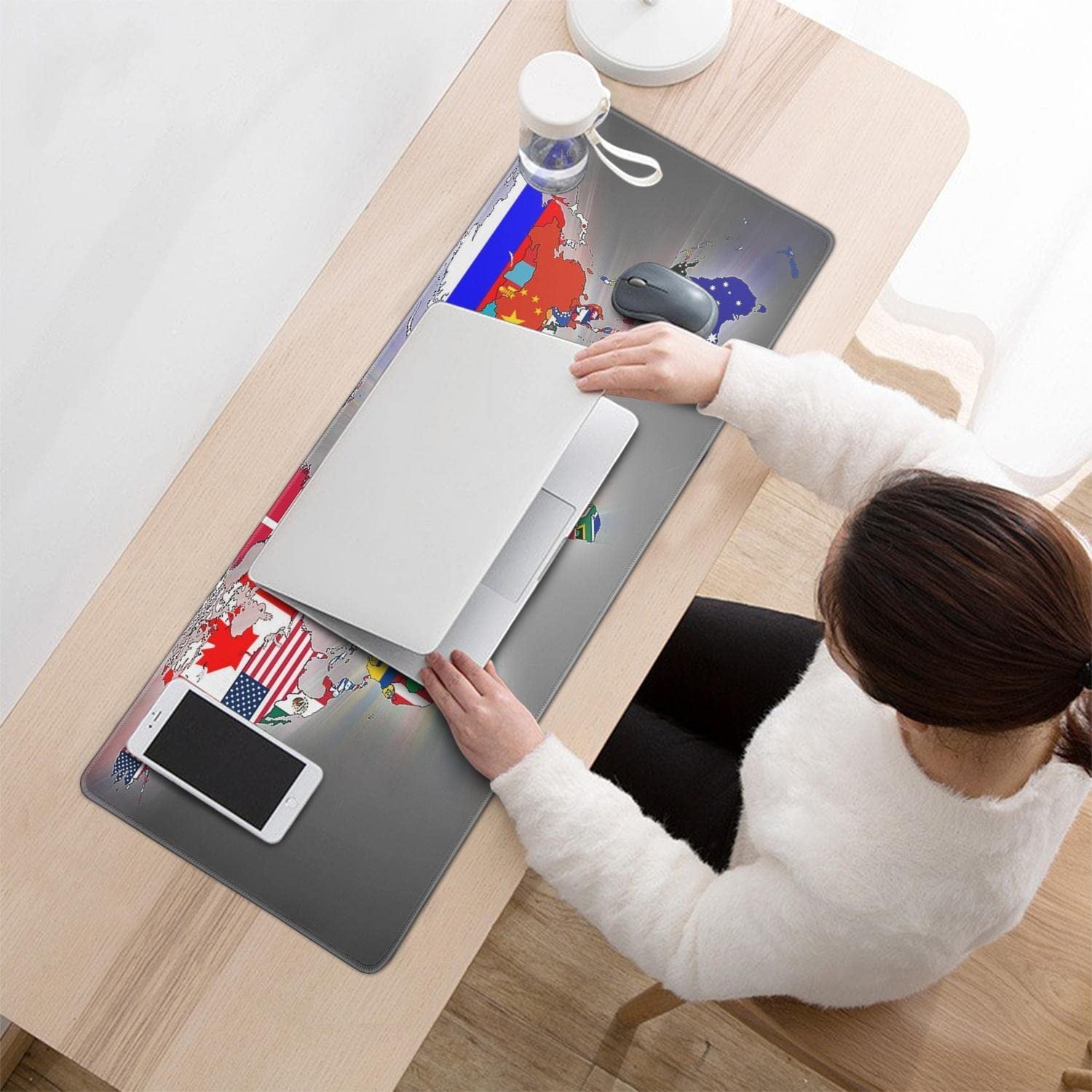 World Flag Map Mouse Pad (31.5x11.8 in) Extended Gaming Mousepad Non-Slip Rubber Base Desk mat for Desktop with Stitched Edges Computer mat for Desk XL