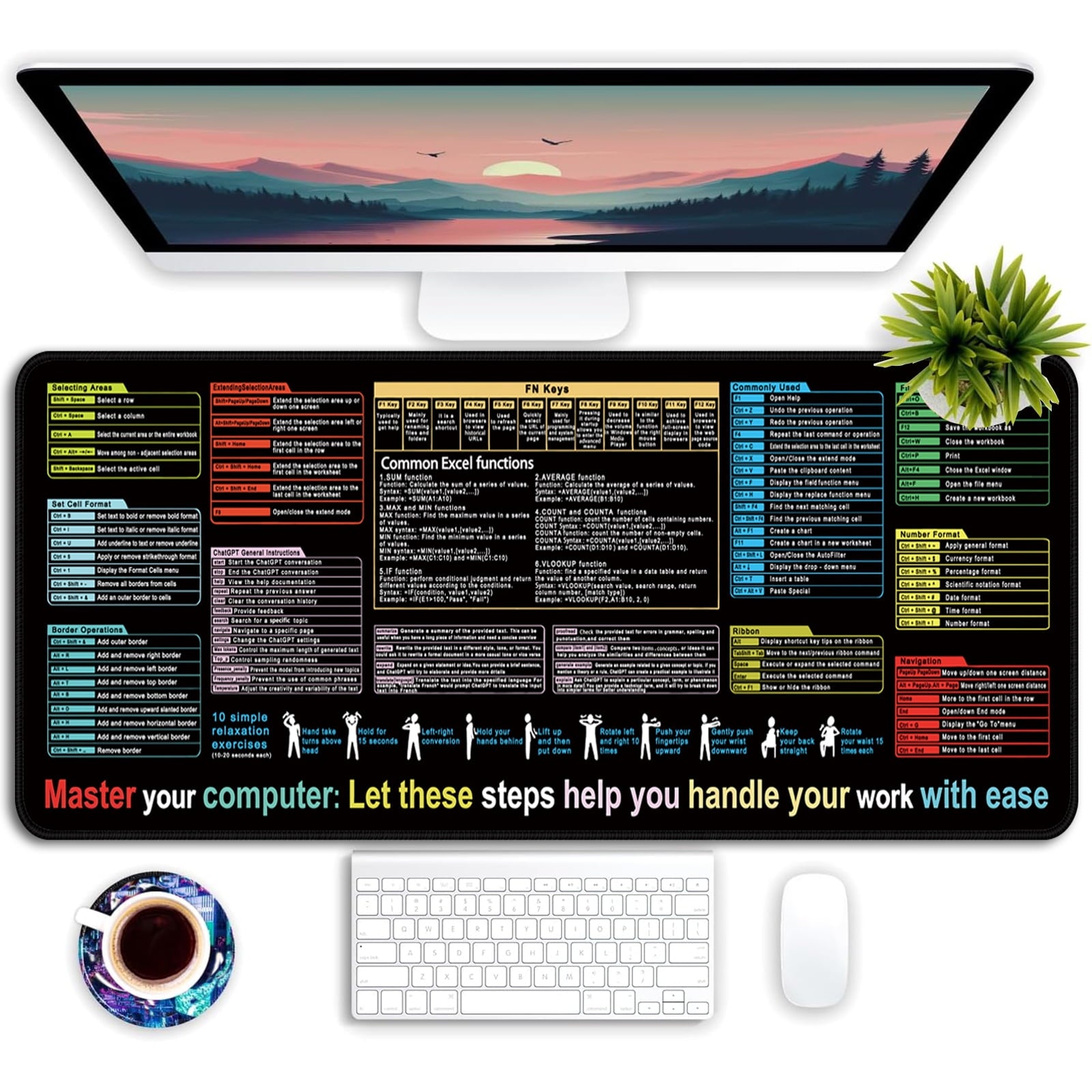 Simpkeely Excel Computer Shortcuts Mouse Pad - Waterproof Non-Slip Large Gaming Mouse Mat, Vibrant Design Cheat Sheet with Function Keys, and Navigation Tips for Productivity, Office - 31.5" x 11.8"