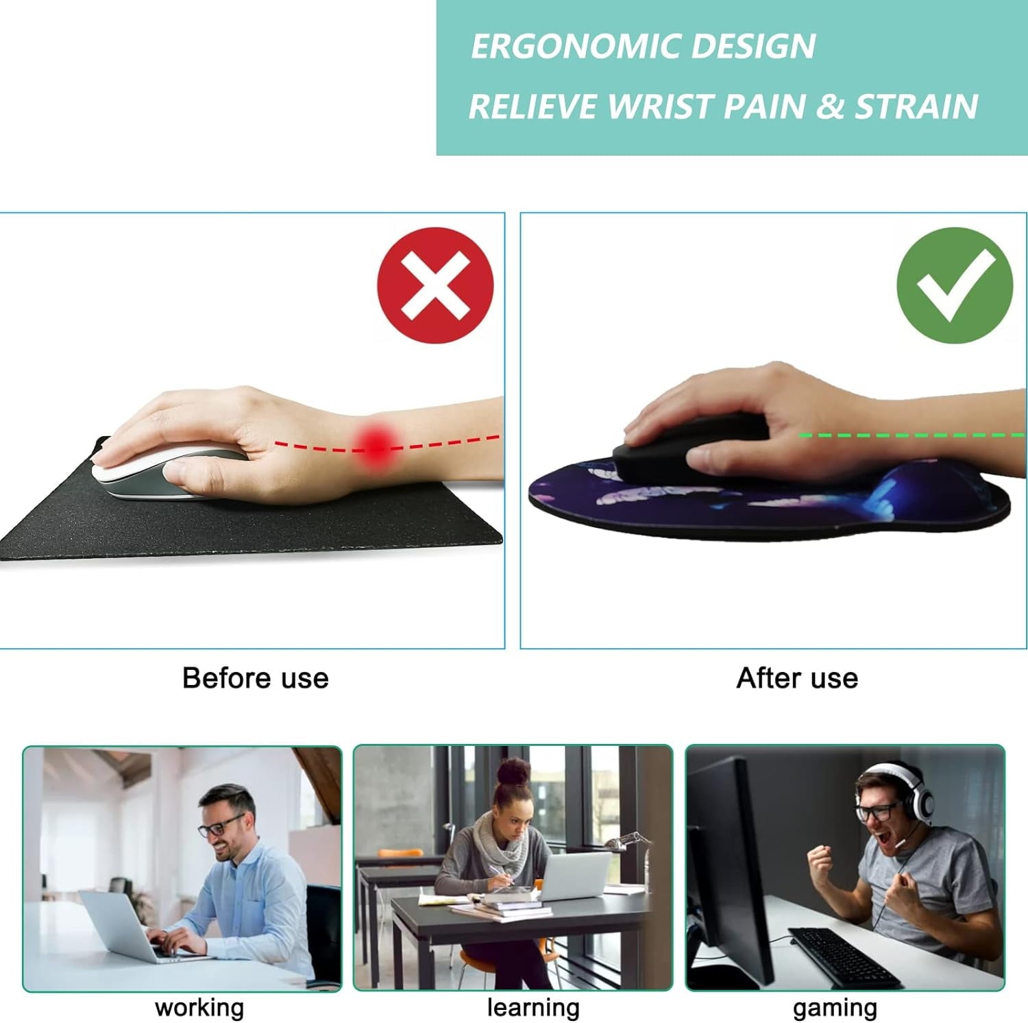 Mouse Pad with Wrist Support, Ergonomic Mouse Pad with Memory Foam Wrist Rest Cushion, Non- Rubber Base Gaming Mice Pad for Home Office Computer Laptop, Butterfly