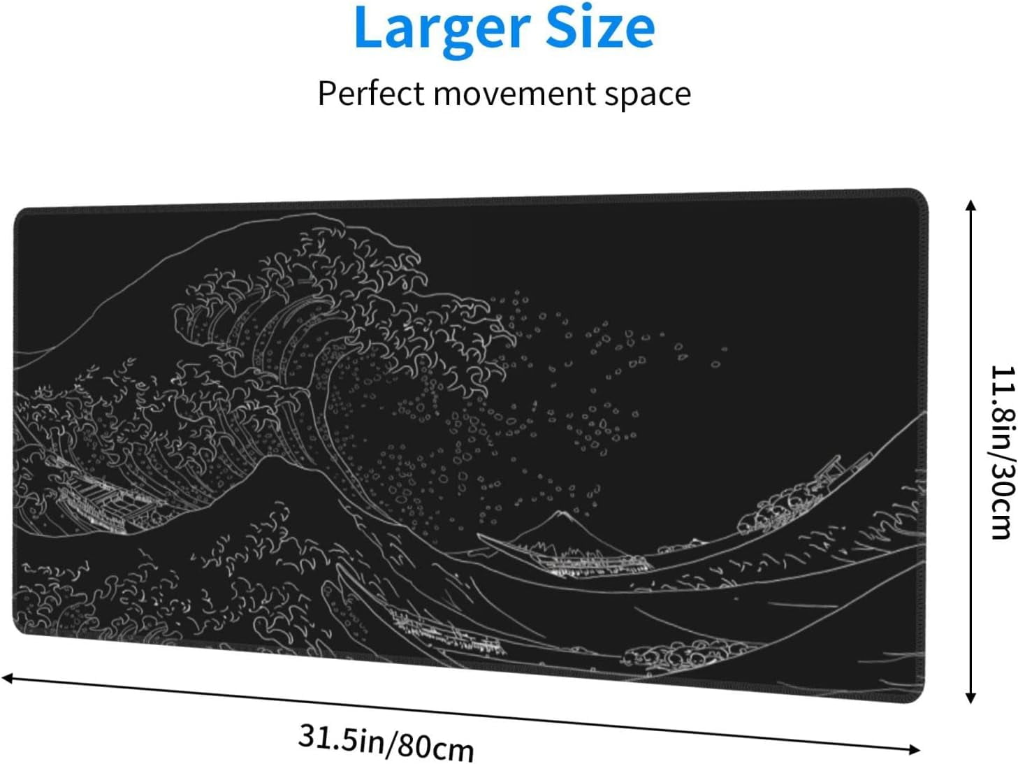 QCQHDU Japanese Sea Wave Large Mouse Pad, Anime Black Gaming, 3mm Thick Non-Slip Rubber Base Mice Pad for Gamer,Office & Home, 31.5 X 11.8 Inch