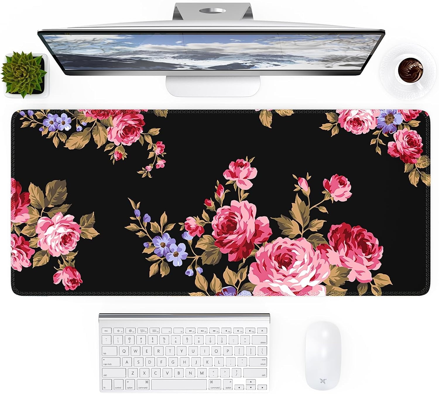 XXL Desk Mat, Gaming Mouse Pad Large, Office Desk Pads on Top of Desks with -Slip Base Long Mousepad Matt, Computer Keyboard Mat for Women, Girl, Decor Table Desktop, Pink Floral Flowers