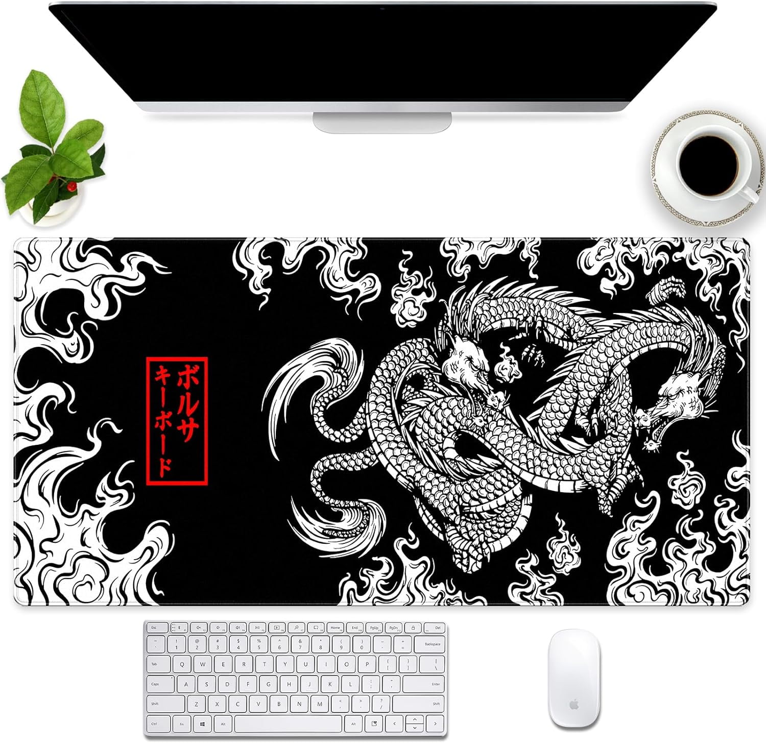 Extended XXL Large Gaming Mouse Pad with Stitched Edges Non-Slip Rubber Base Mousepad Cool Black and White Dragon Design Computer Pad Keyboard Mouse Pad 31.5 x 15.7 in