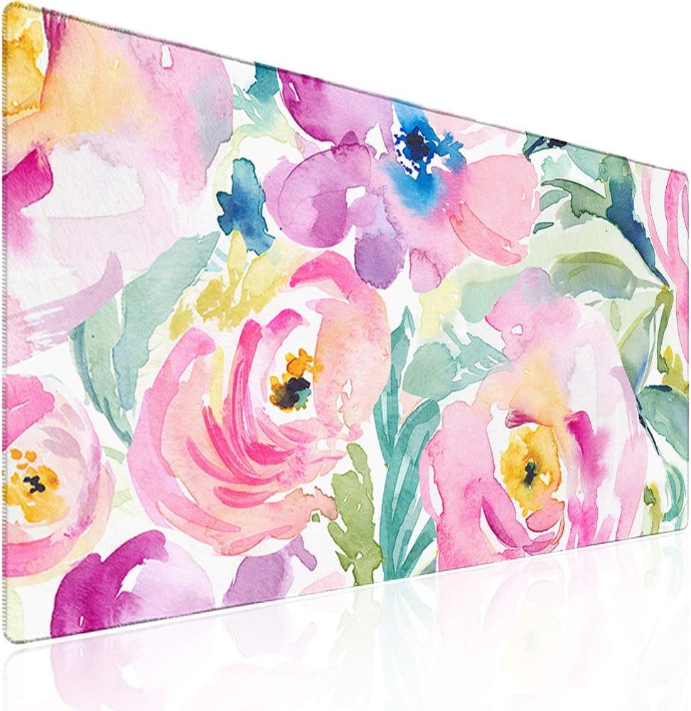 XXL Desk Mat, Gaming Mouse Pad Large, Office Desk Pads on Top of Desks with -Slip Base Long Mousepad Matt, Computer Keyboard Mat for Women, Girl, Decor Table Desktop, Pink Floral Flowers
