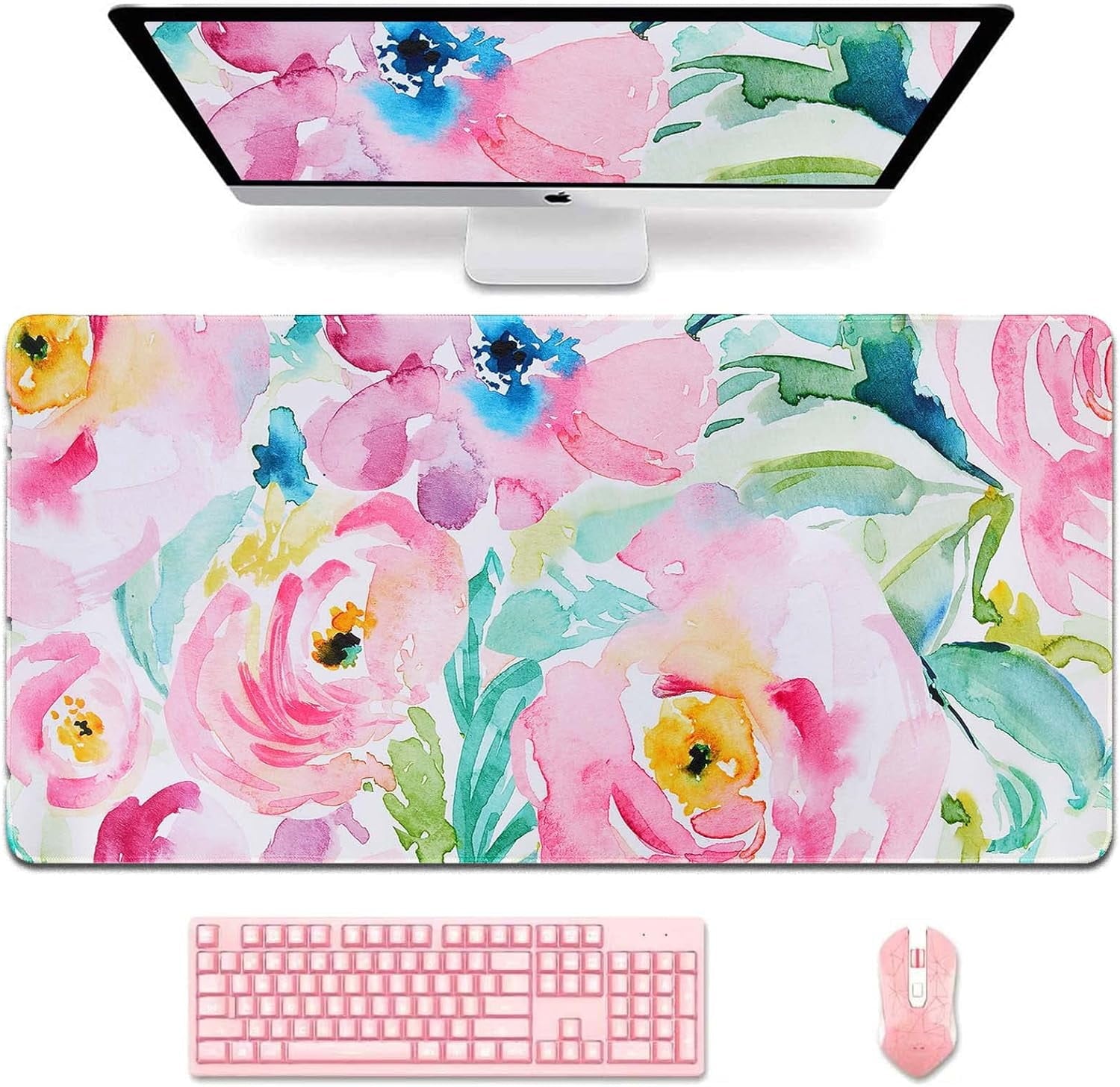 XXL Desk Mat, Gaming Mouse Pad Large, Office Desk Pads on Top of Desks with -Slip Base Long Mousepad Matt, Computer Keyboard Mat for Women, Girl, Decor Table Desktop, Pink Floral Flowers
