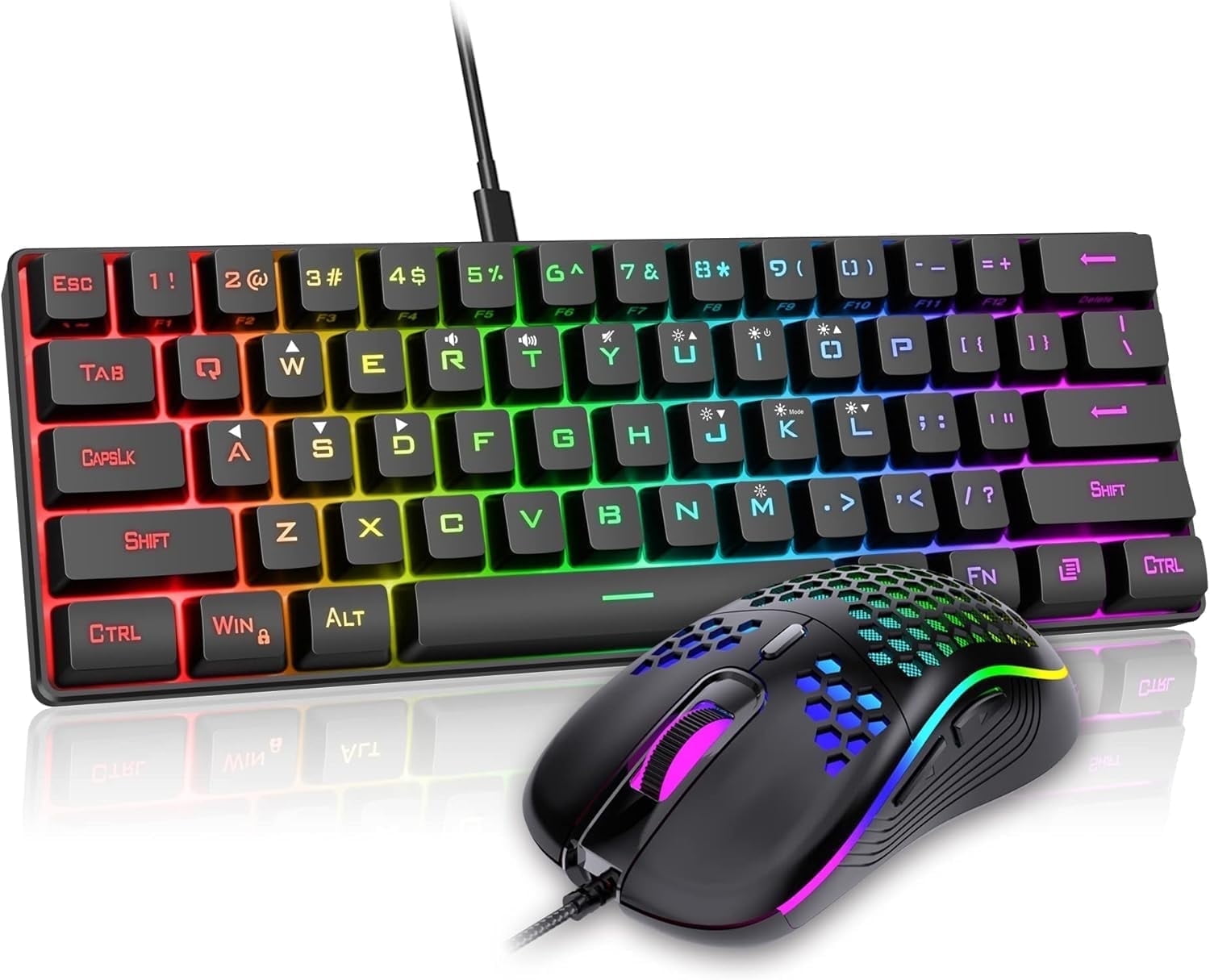 Gaming Keyboard and Mouse Combo, Rainbow LED Backlit Multimedia PC Gaming Keyboard, Office Keyboard Colorful Breathing Backlit Gaming Mouse for Working or Primer Gaming, Office Device,Pink