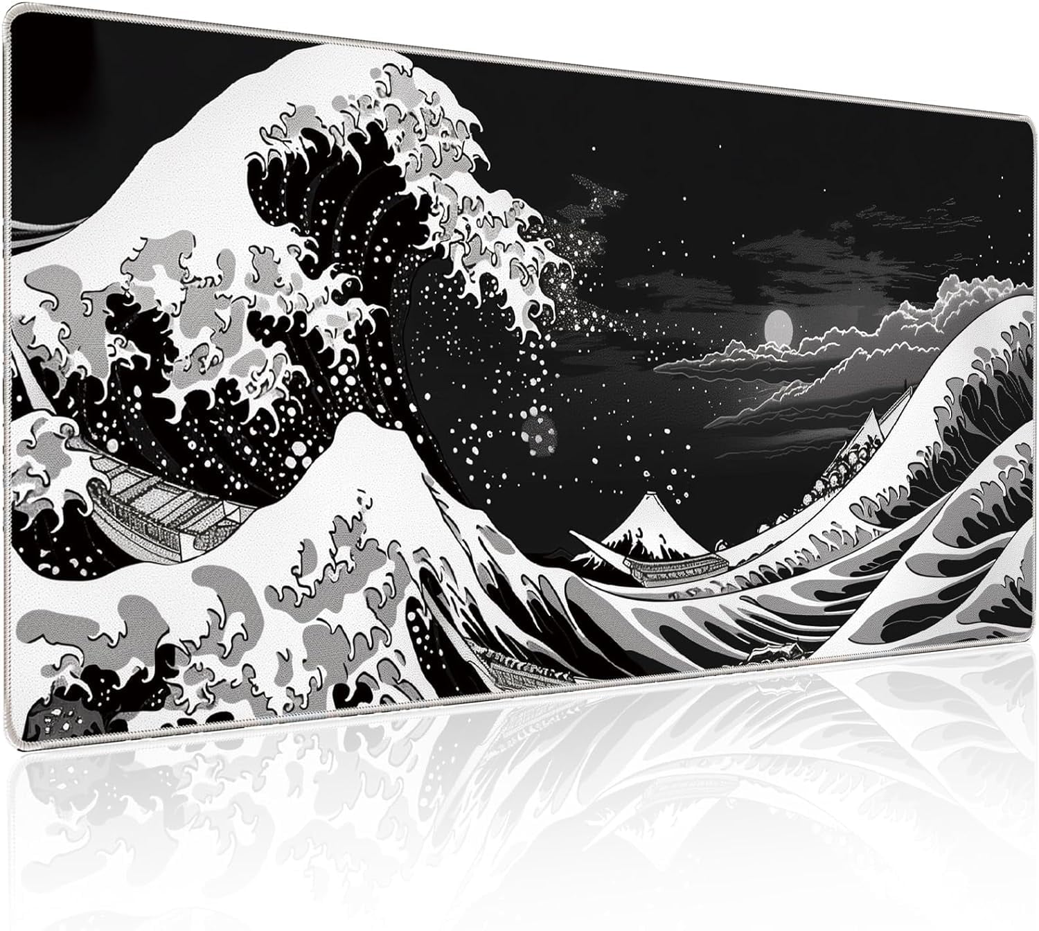 Gaming Mouse Pad 31.5x11.8IN Premium-Textured Non-Slip Rubber & Waterproof Mousepad with Stitched Edges for Gaming, Office & Home,Japanese Sea Wave-Black White