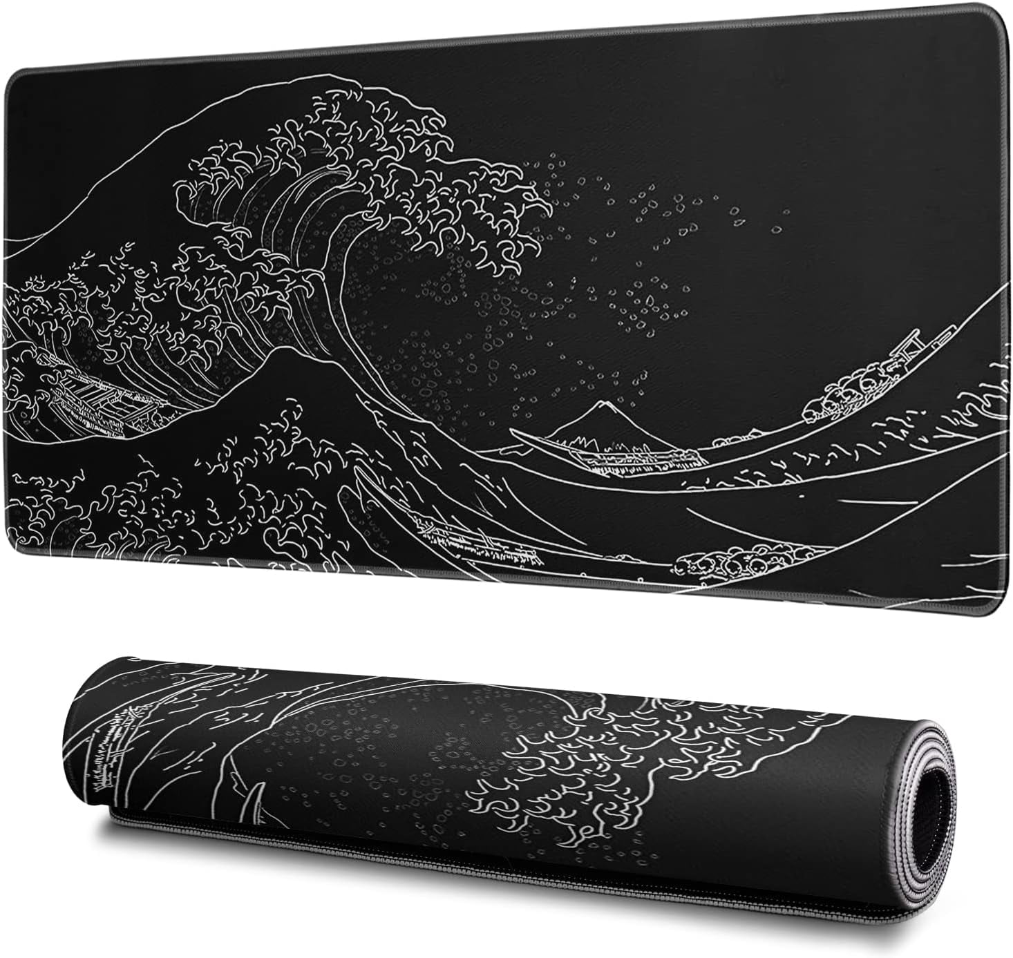 QCQHDU Japanese Sea Wave Large Mouse Pad, Anime Black Gaming, 3mm Thick Non-Slip Rubber Base Mice Pad for Gamer,Office & Home, 31.5 X 11.8 Inch