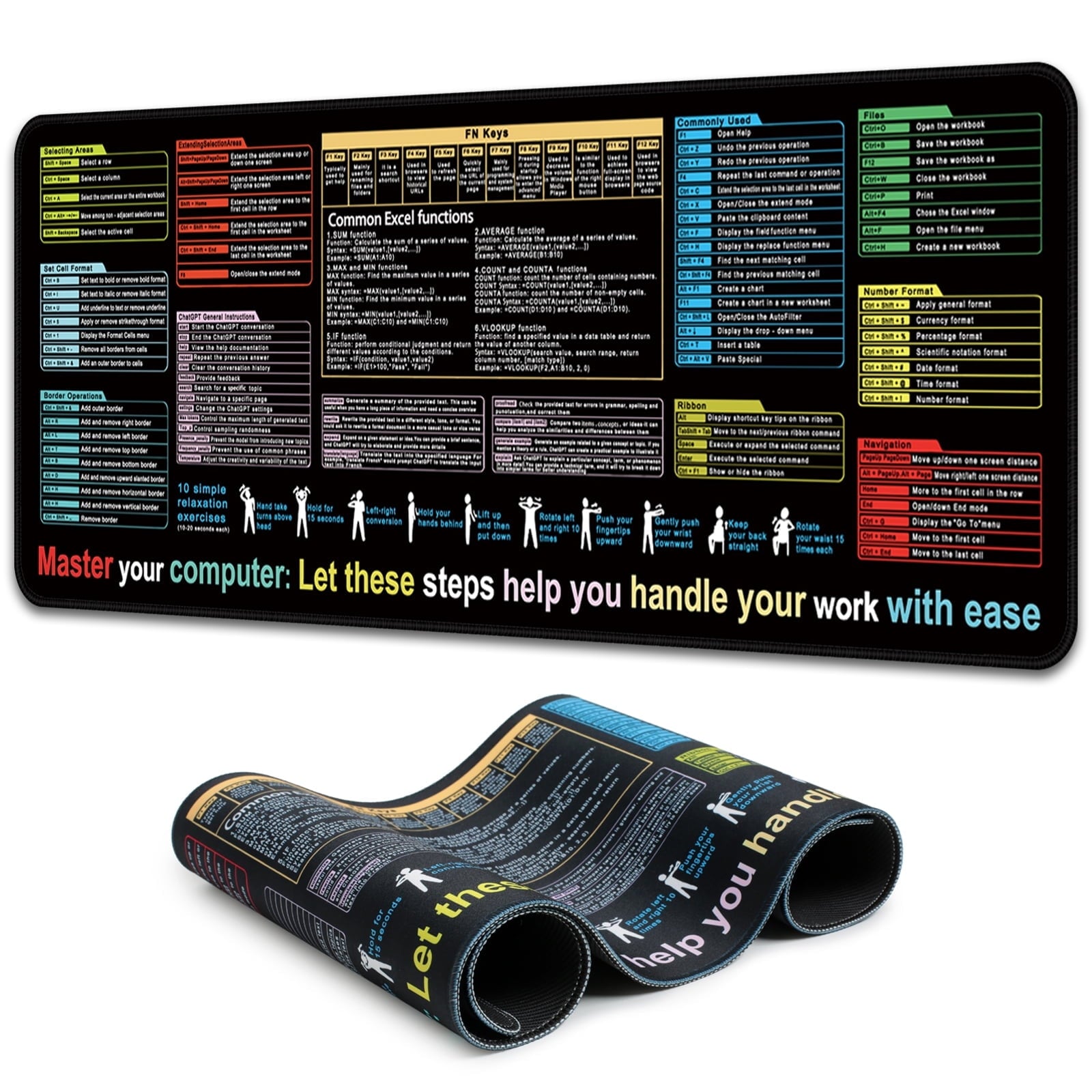 Simpkeely Excel Computer Shortcuts Mouse Pad - Waterproof Non-Slip Large Gaming Mouse Mat, Vibrant Design Cheat Sheet with Function Keys, and Navigation Tips for Productivity, Office - 31.5" x 11.8"