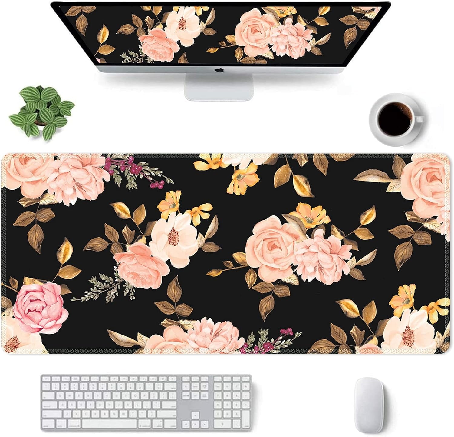 XXL Desk Mat, Gaming Mouse Pad Large, Office Desk Pads on Top of Desks with -Slip Base Long Mousepad Matt, Computer Keyboard Mat for Women, Girl, Decor Table Desktop, Pink Floral Flowers