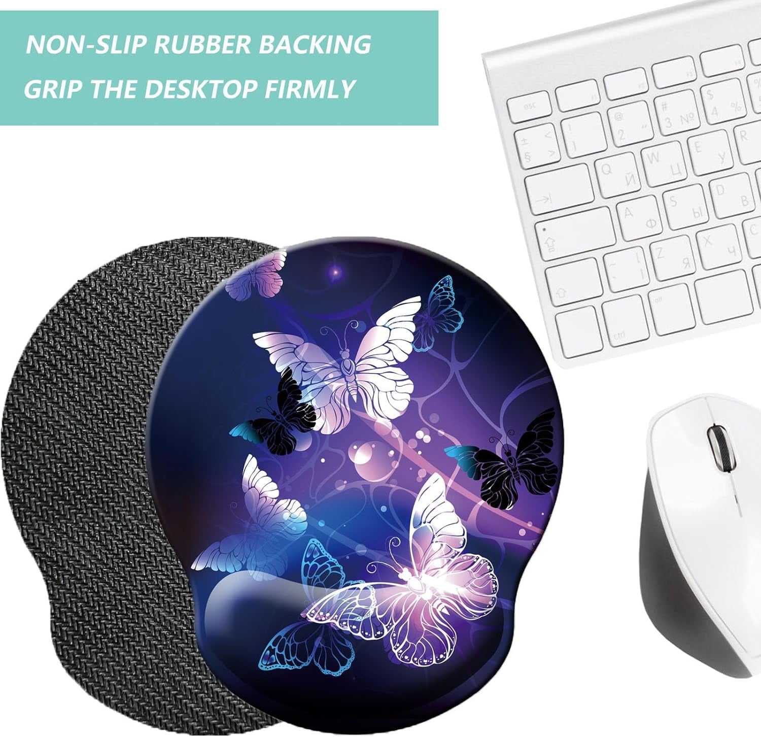 Mouse Pad with Wrist Support, Ergonomic Mouse Pad with Memory Foam Wrist Rest Cushion, Non- Rubber Base Gaming Mice Pad for Home Office Computer Laptop, Butterfly