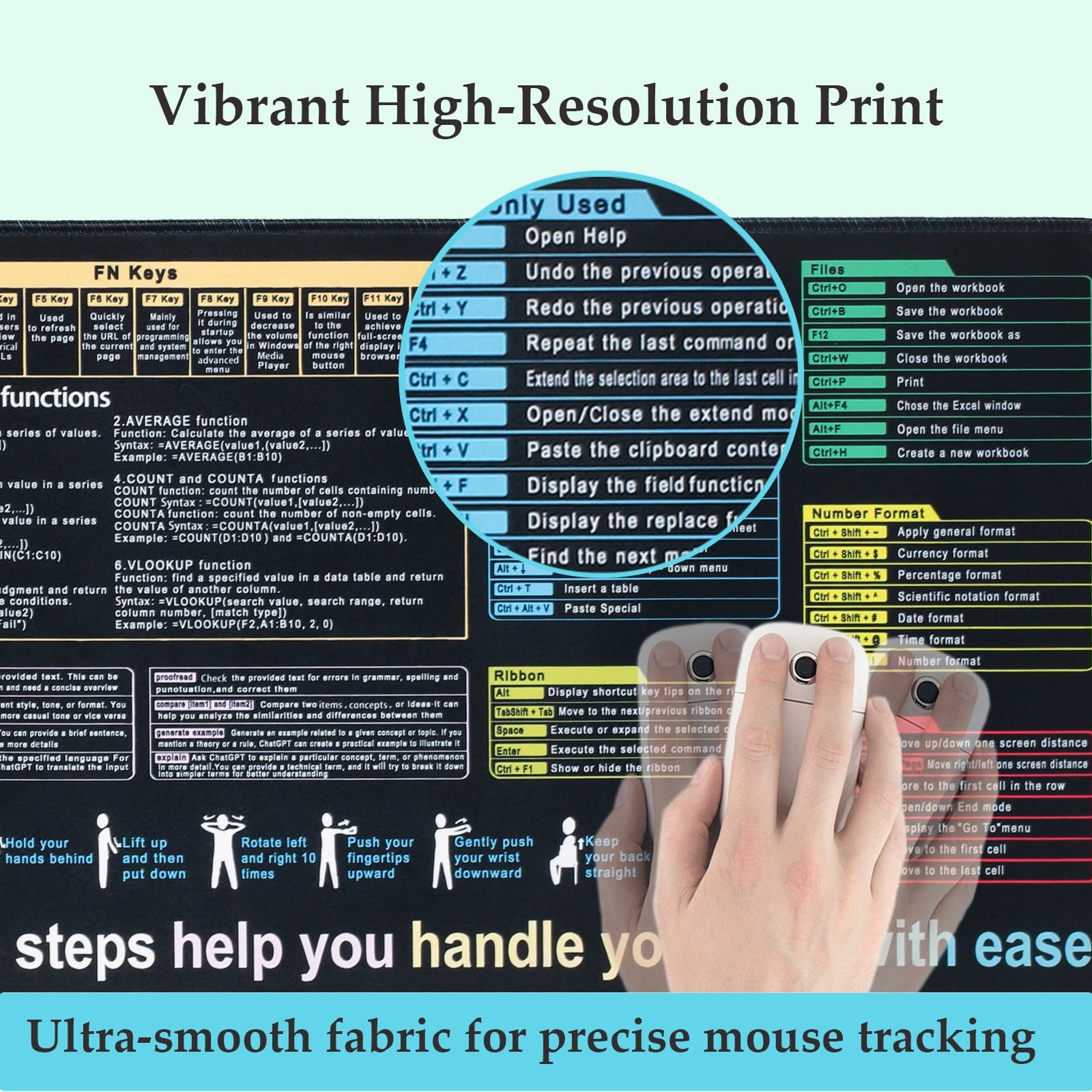 Simpkeely Excel Computer Shortcuts Mouse Pad - Waterproof Non-Slip Large Gaming Mouse Mat, Vibrant Design Cheat Sheet with Function Keys, and Navigation Tips for Productivity, Office - 31.5" x 11.8"