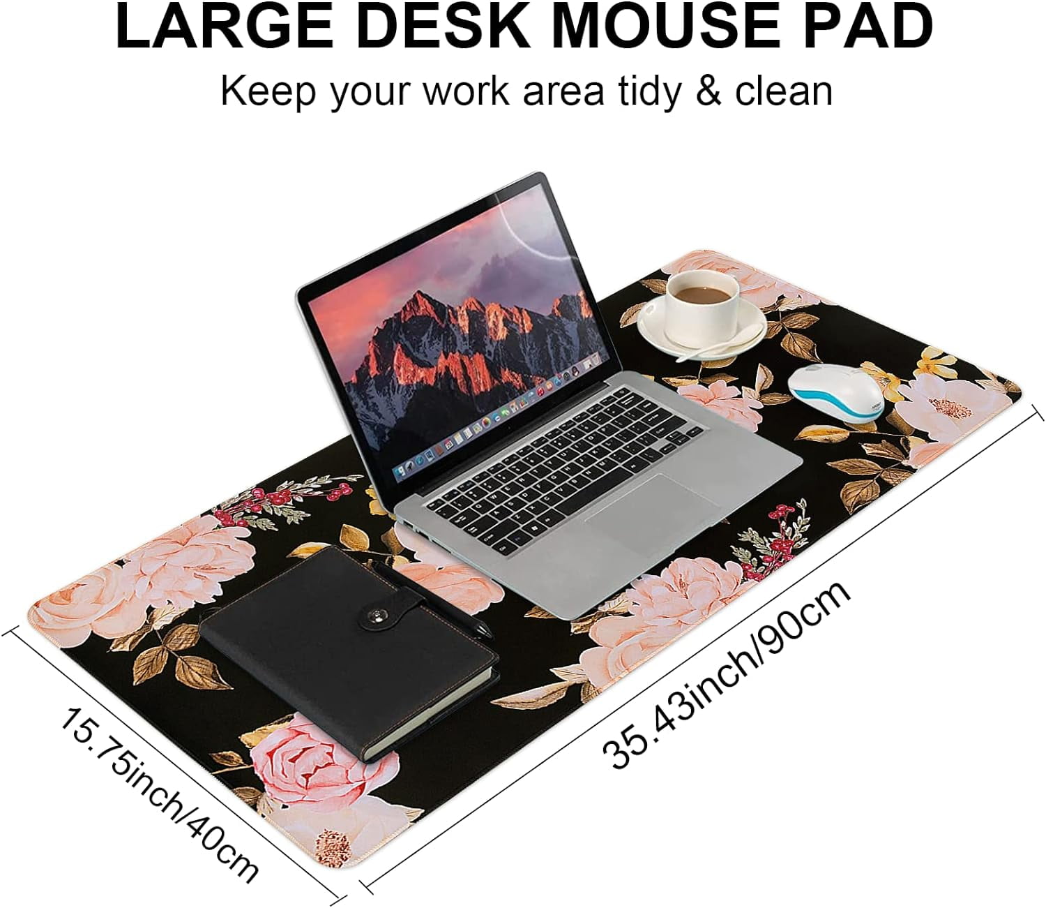 XXL Desk Mat, Gaming Mouse Pad Large, Office Desk Pads on Top of Desks with -Slip Base Long Mousepad Matt, Computer Keyboard Mat for Women, Girl, Decor Table Desktop, Pink Floral Flowers