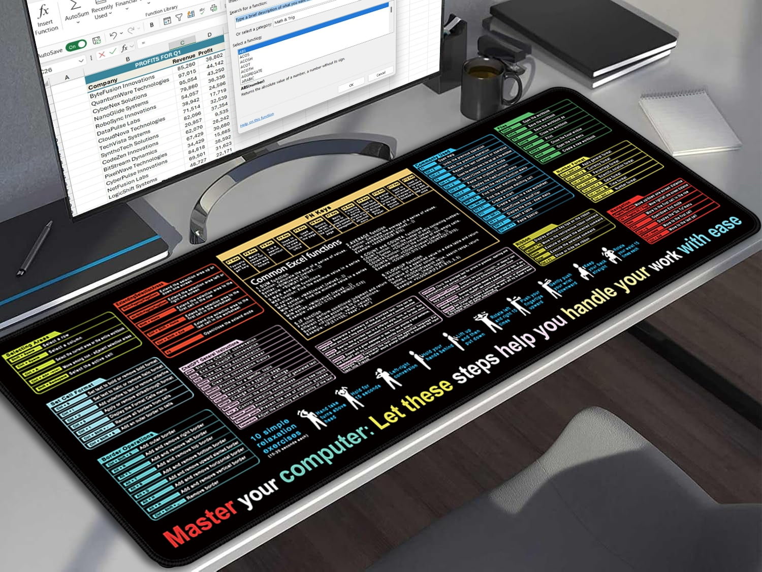 Simpkeely Excel Computer Shortcuts Mouse Pad - Waterproof Non-Slip Large Gaming Mouse Mat, Vibrant Design Cheat Sheet with Function Keys, and Navigation Tips for Productivity, Office - 31.5" x 11.8"