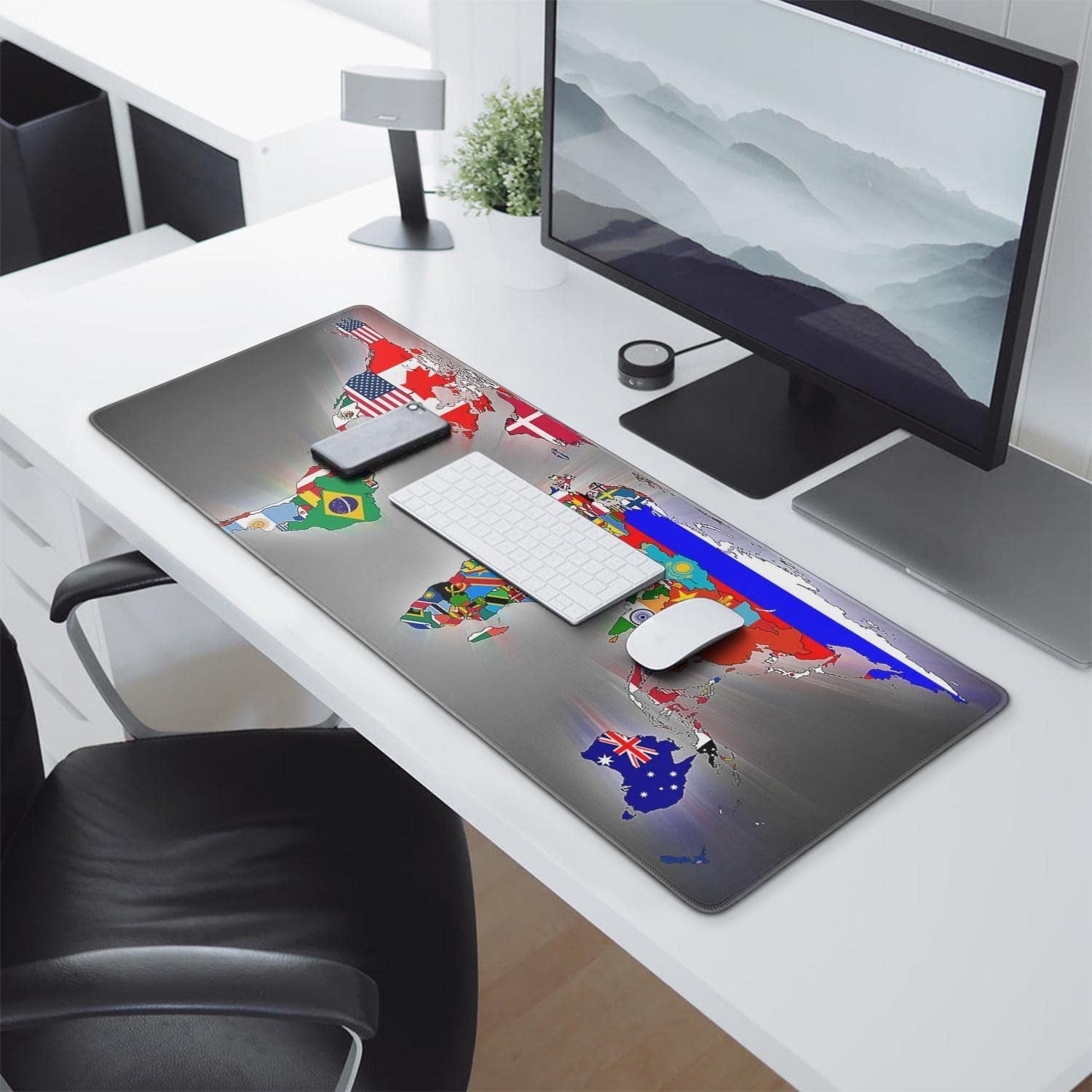 World Flag Map Mouse Pad (31.5x11.8 in) Extended Gaming Mousepad Non-Slip Rubber Base Desk mat for Desktop with Stitched Edges Computer mat for Desk XL