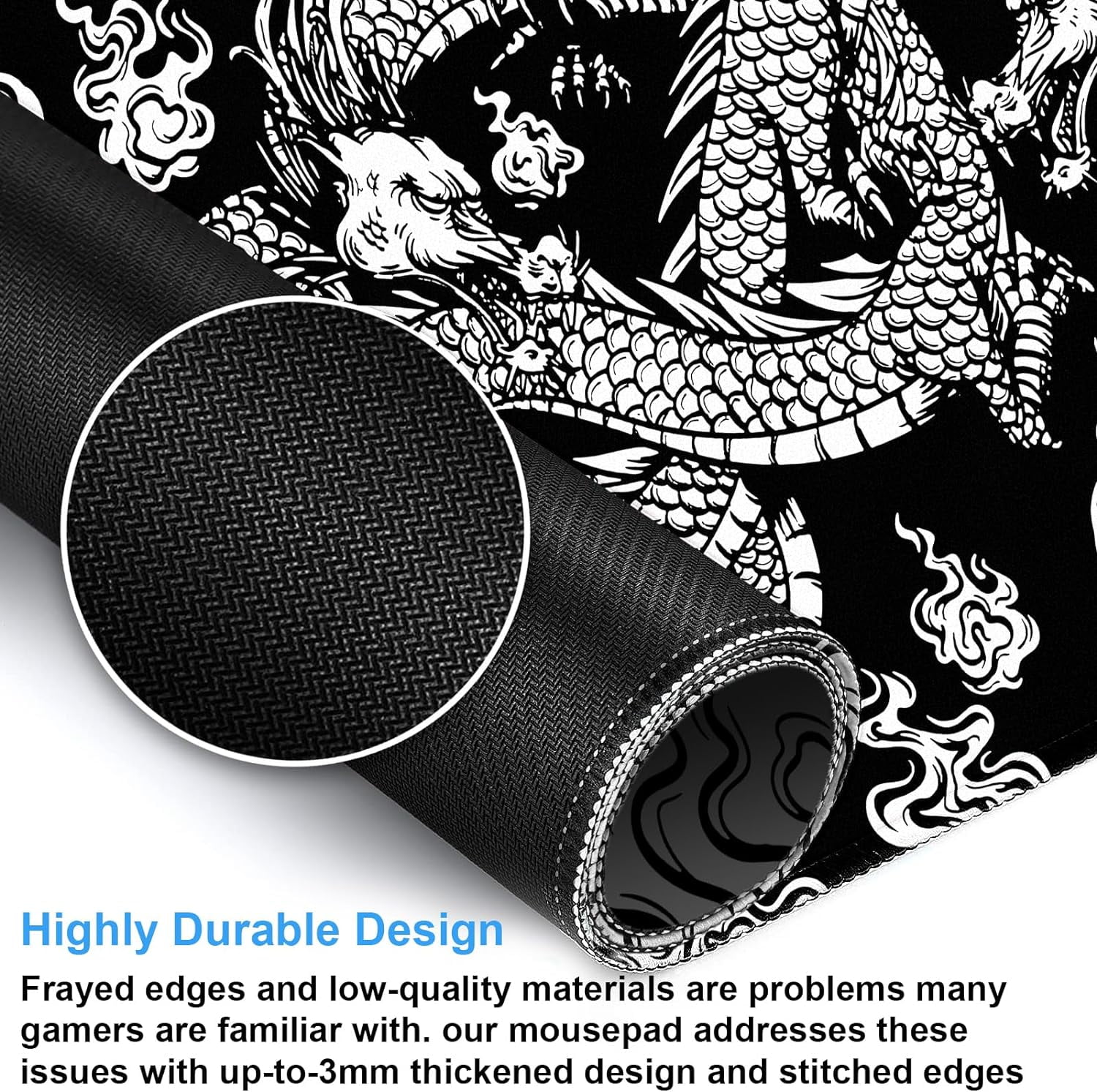 Extended XXL Large Gaming Mouse Pad with Stitched Edges Non-Slip Rubber Base Mousepad Cool Black and White Dragon Design Computer Pad Keyboard Mouse Pad 31.5 x 15.7 in