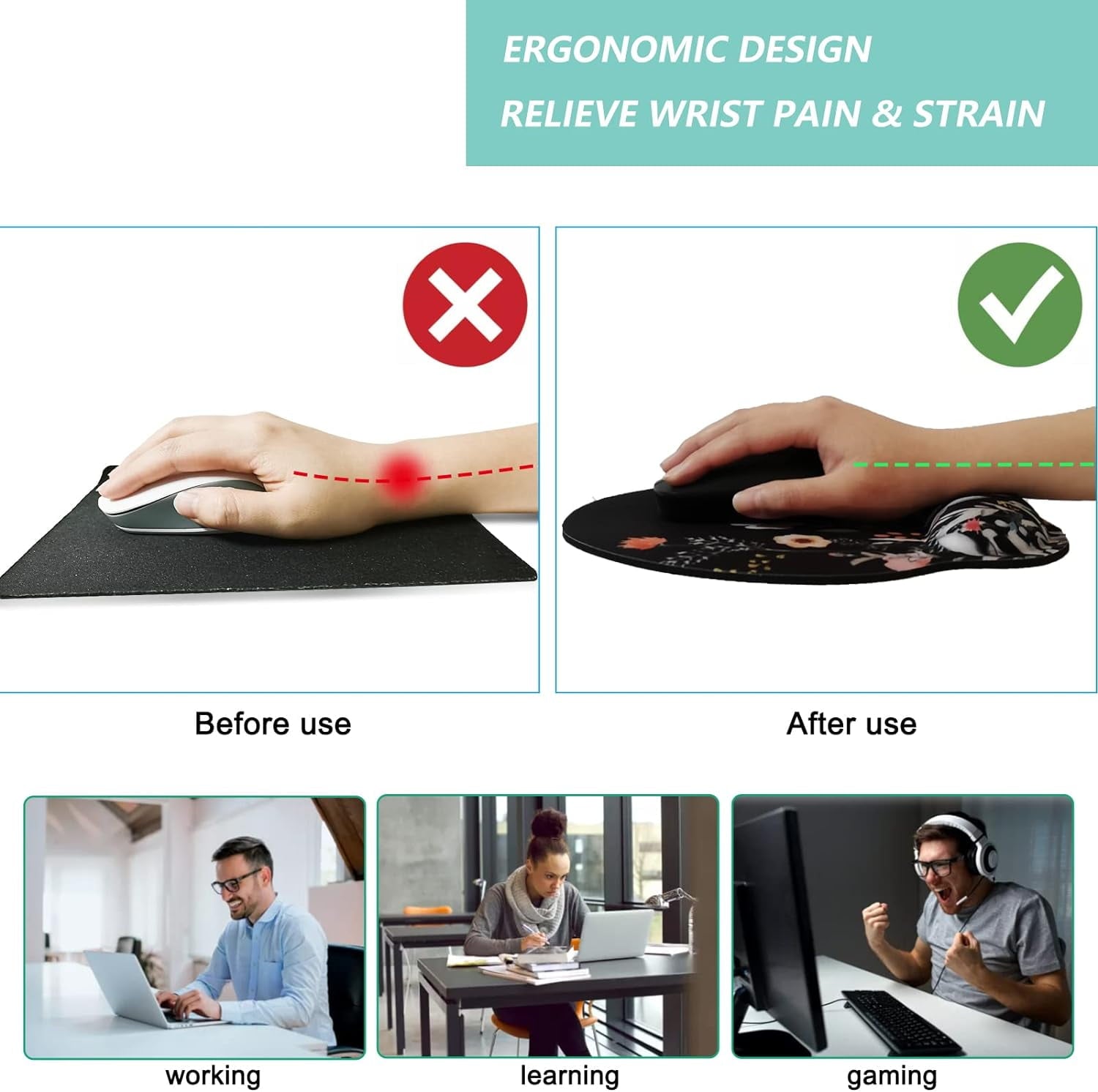 Mouse Pad with Wrist Support, Ergonomic Mouse Pad with Memory Foam Wrist Rest Cushion, Non- Rubber Base Gaming Mice Pad for Home Office Computer Laptop, Butterfly