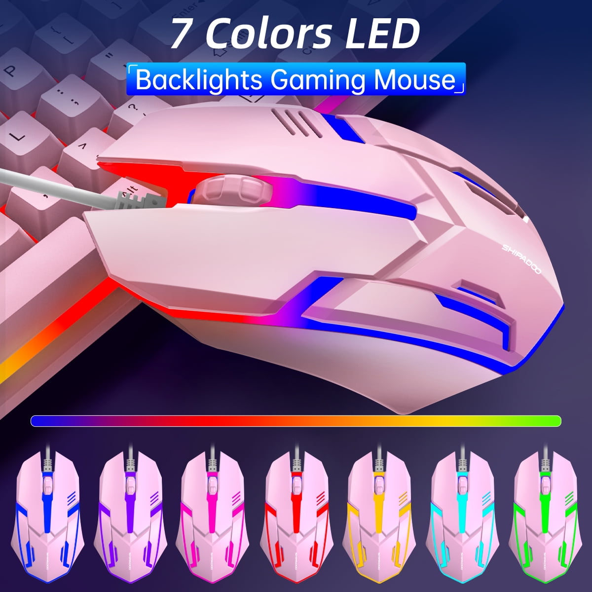 Gaming Keyboard and Mouse Combo, Rainbow LED Backlit Multimedia PC Gaming Keyboard, Office Keyboard Colorful Breathing Backlit Gaming Mouse for Working or Primer Gaming, Office Device,Pink
