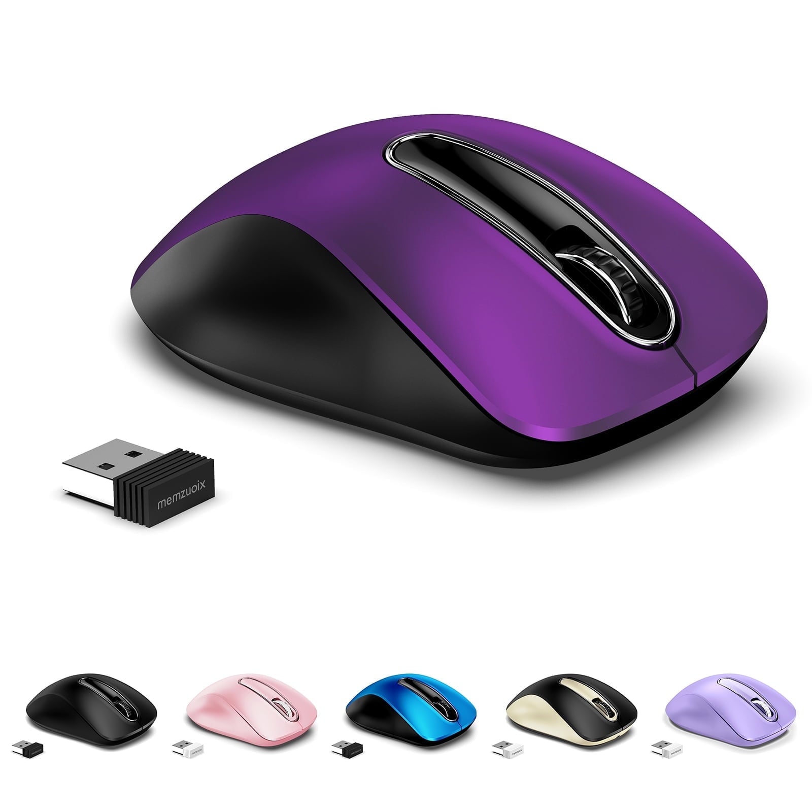 memzuoix Wireless Optical Mouse for Laptop, 5 Buttons 1400 DPI Wireless Mouse with USB Receiver, Cordless Computer Mice for Chromebook, Desktop, PC, Macbook, Lilac