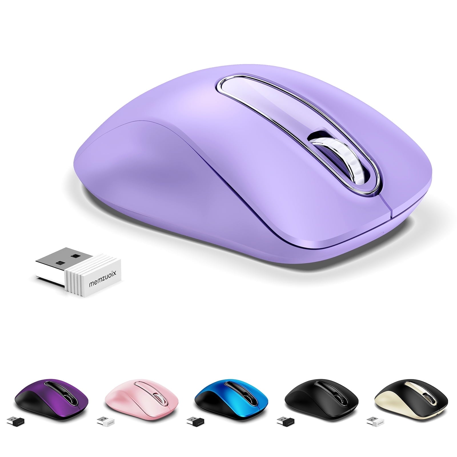 memzuoix Wireless Optical Mouse for Laptop, 5 Buttons 1400 DPI Wireless Mouse with USB Receiver, Cordless Computer Mice for Chromebook, Desktop, PC, Macbook, Lilac
